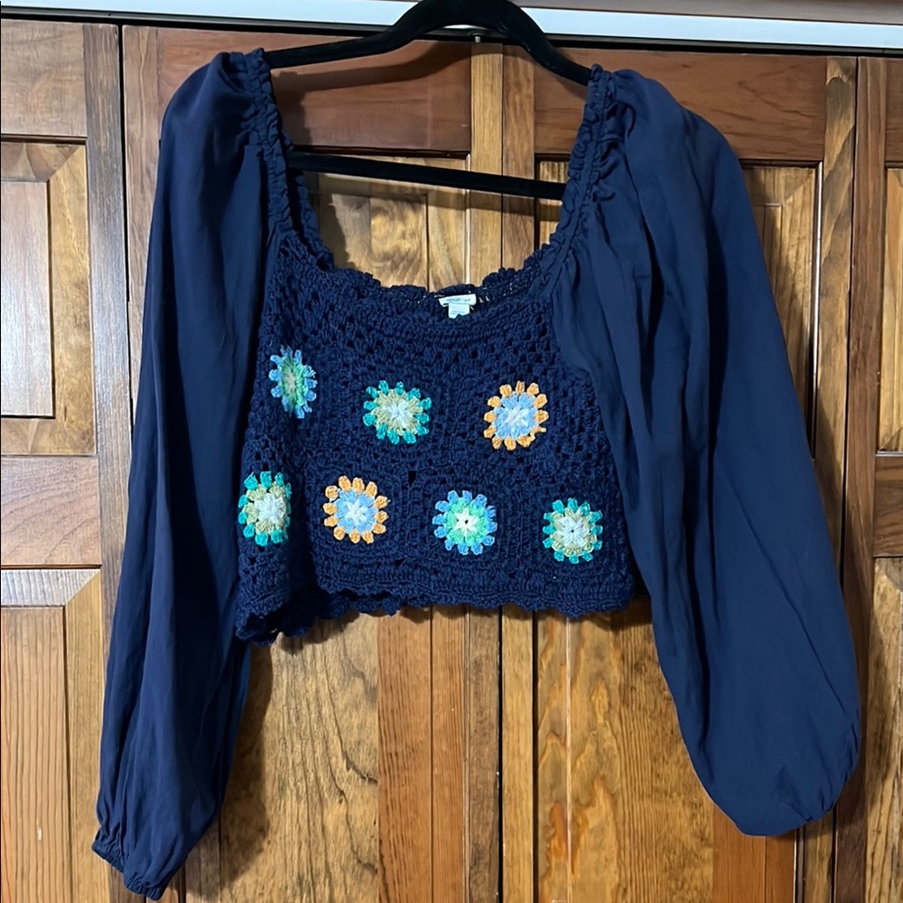 Navy Blue Crochet Floral Women's Top